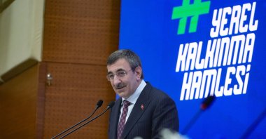 Vice President Cevdet Yılmaz delivers a speech during the unveiling of the Eastern Black Sea Project (DOKAP) Action Plan, Giresun, northern Türkiye, April 18, 2025. (AA Photo) 