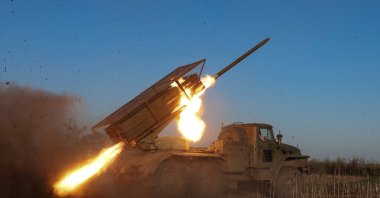 A Ukrainian soldier fires a BM-21 Grad multiple rocket launch system toward Russian troops near the front line town of Pokrovsk, Donetsk, Ukraine, April 19, 2025. (Reuters Photo)