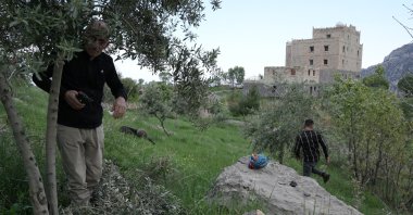 Petrus Karatay (L) tends to an olive grove at his village on the skirts of Mount Cudi in eastern Şırnak province, Türkiye, April 21, 2025. (AA Photo)