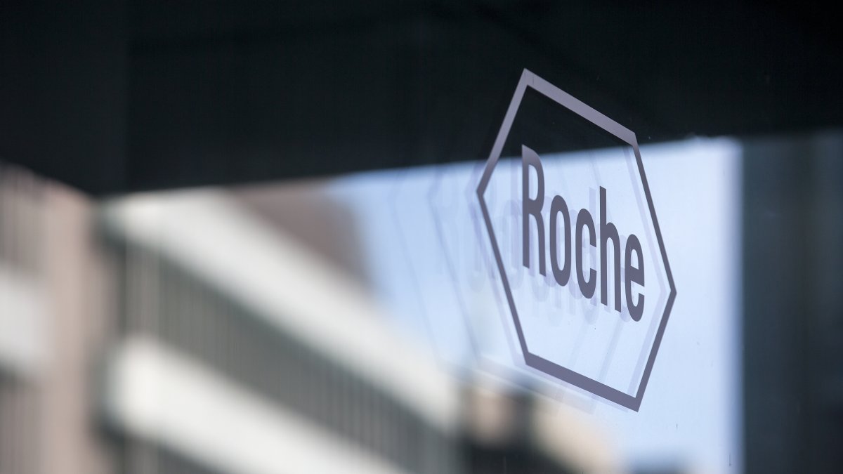 The logo of the pharmaceutical company Roche is pictured in Basel, Switzerland, Feb. 1, 2017. (AP Photo)