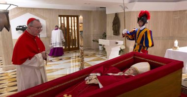 Pope Francis in his open coffin in the Vatican, April 21, 2025. (AFP Photo)