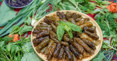 A selection of traditional Turkish dishes made with herbs from Hevsel Gardens, Diyarbakır, Türkiye, April 15, 2025. (AA Photo)