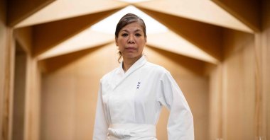 Japan&#039;s Chizuko Kimura, the first woman in the world to be awarded a star by the Guide Michelin as a sushi chef, poses during a photo session at her restaurant Sushi Shunei, Paris, France, April 7, 2025. (AFP Photo)