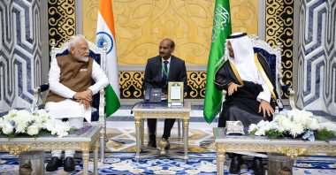 A handout picture provided by Saudi Press Agency (SPA) shows Indian Prime Minister Narendra Modi (L) meeting with Mecca Deputy Governor Crown Prince Saud bin Abdulaziz Al Saud upon his arrival, Jeddah, Saudi Arabia, April 22, 2025. (AFP Photo)