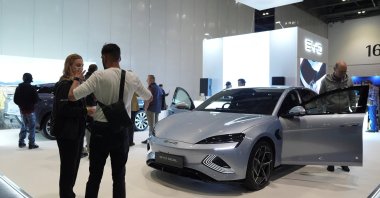 BYD electric car is being exhibited at the Everything Electric, the Home Energy &amp; Electric Vehicle Show, in London, U.K., April 16, 2025. (Reuters Photo)