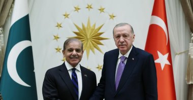 President Recep Tayyip Erdoğan and Pakistan&#039;s Prime Minister Shahbaz Sharif shake hands as they meet in Ankara, April 22, 2025. (AA Photo)