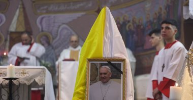 Palestinian clergymen hold mass for late Pope Francis at the Holy Family Church in Gaza, Palestine, April 21, 2025. (AFP Photo)