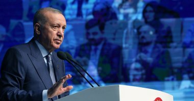 President Recep Tayyip Erdoğan makes a statement at the 5th Ordinary General Assembly of KADEM, Istanbul, Türkiye, April 19, 2025. (İHA Photo)