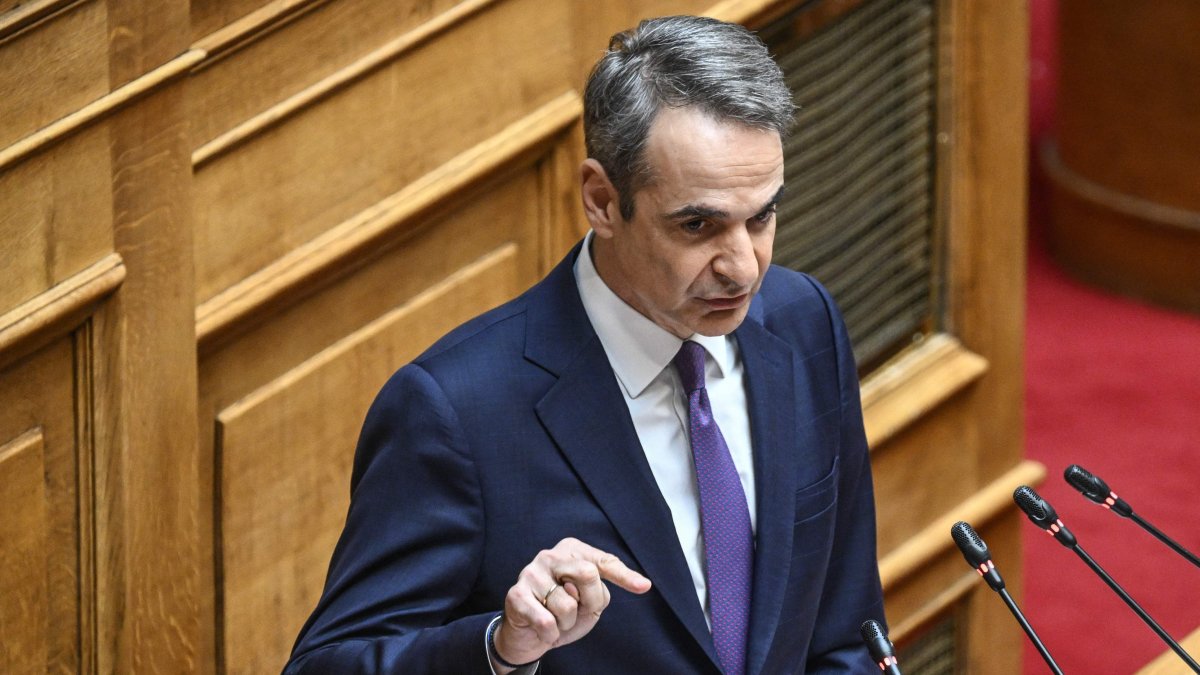 Greek Prime Minister Kyriakos Mitsotakis addresses the audience at the Greek Parliament, Athens, Greece, April 2, 2025. (AFP Photo)