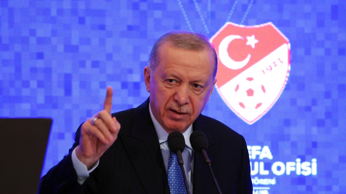 President Recep Tayyip Erdoğan speaks during the opening ceremony of UEFA&#039;s Representation Office, Istanbul, Türkiye, April 24, 2025. (Reuters Photo)