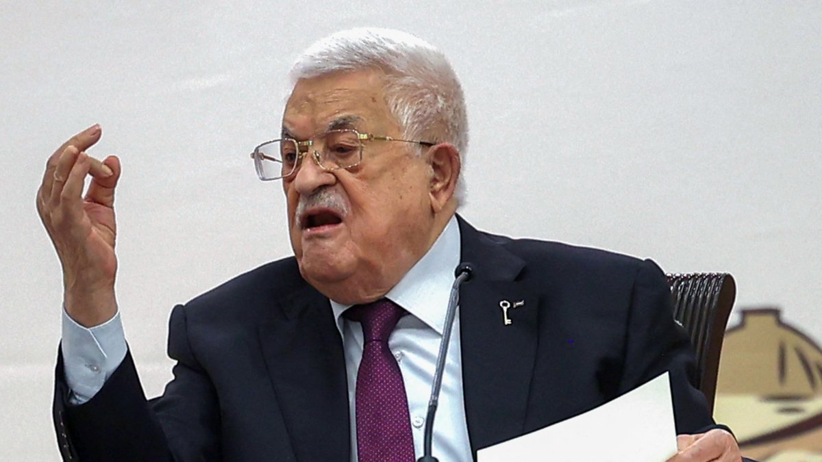 Palestinian Authority President Mahmoud Abbas speaks during the 32nd PLO Central Council session in Ramallah, occupied West Bank, April 23, 2025. (AFP Photo)