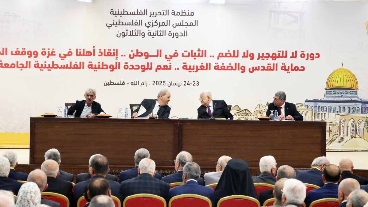 Palestinian Authority President Mahmoud Abbas (C-R) attends the 32nd Palestinian Liberation Organization (PLO) Central Council session at his presidency compound in the West Bank City of Ramallah, April 23, 2025. (EPA Photo)