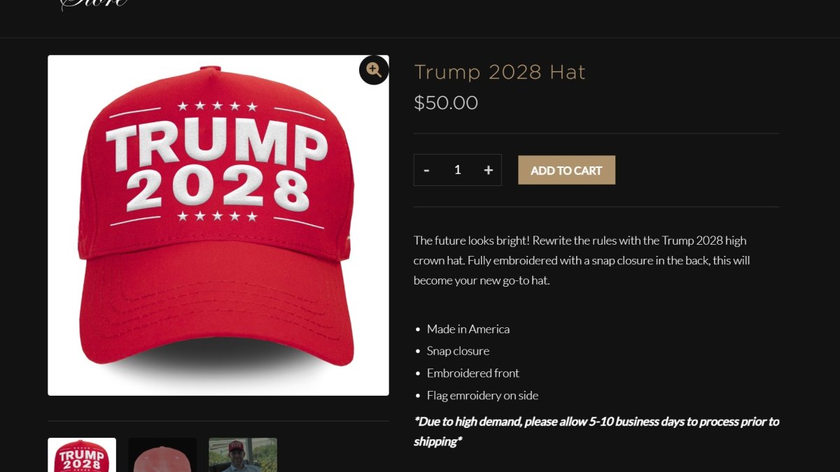 This screenshot shows a &quot;Trump 2028&quot; hat on Donald Trump&#039;s online store, April 24, 2025.