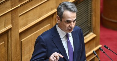 Greek Prime Minister Kyriakos Mitsotakis addresses the audience at the Greek Parliament, Athens, Greece, April 2, 2025. (AFP Photo)