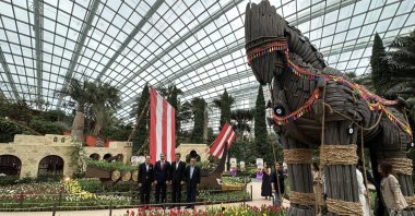 Singapore&#039;s Minister of Education Chan Chun Sing (L), Türkiye&#039;s Ambassador to Singapore Mehmet Burçin Gönenli (2nd L) and Gardens by the Bay CEO Felix Loh (R) pose at Gardens by the Bay, Singapore, April 23, 2025. (AA Photo)