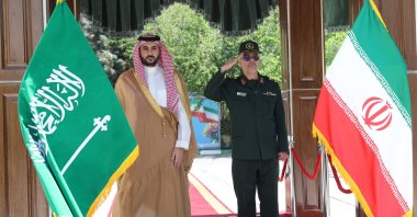 A handout photo made available by the Iranian Armed Forces office shows Chief of the General Staff of the Armed Forces of the Islamic Republic of Iran Gen. Mohammad Bagheri (R) and Saudi Arabia&#039;s Defense Minister Khalid bin Salman during a welcome ceremony, Tehran, Iran, April 17, 2025. (EPA Photo)