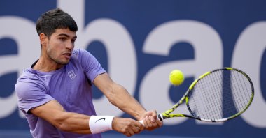Spain's Carlos Alcaraz in action against French Arthur Fils during their semifinal match of the Barcelona Open Banc Sabadell-Trofeo Conde de Godo, Barcelona, Spain, April 19, 2025. (EPA Photo)