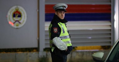 Bosnian Serb police officer secures an area where Republika Srpska President Milorad Dodik was meeting with local mayors in Sarajevo, Bosnia and Herzegovina, April 23, 2025. (Reuters Photo)