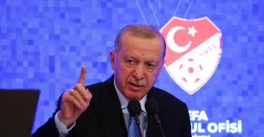 President Recep Tayyip Erdoğan speaks during the opening ceremony of UEFA&#039;s Representation Office, Istanbul, Türkiye, April 24, 2025. (Reuters Photo)