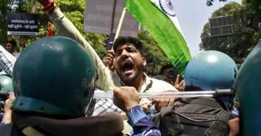 A demonstrator shouts slogans during a protest against the attack on tourists in Kashmir, near the Pakistan High Commission in New Delhi, India, April 24, 2025. (Reuters Photo)