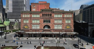 An aerial view shows the Hudson’s Bay Company flagship department store on Sainte-Catherine’s Street in downtown Montreal, Quebec, Canada, April 24, 2025. (AFP Photo)
