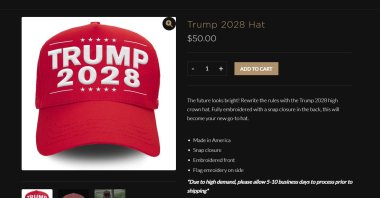 This screenshot shows a &quot;Trump 2028&quot; hat on Donald Trump&#039;s online store, April 24, 2025.