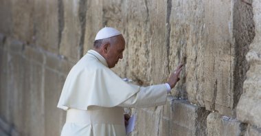 Pope Francis prays in front of the Western Wall, Old City, East Jerusalem, occupied Palestine, May 26, 2014. (AP Photo)