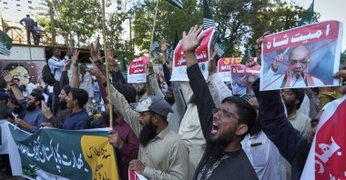 Supporters of the Pakistan Murkazi Muslim League party chant slogans during a demonstration against the suspension of a water-sharing treaty by India with Pakistan, Karachi, Pakistan, April 24, 2025. (AP Photo)