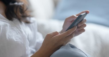 A woman checks an earthquake alert on her smartphone at home. (Shutterstock Photo) 