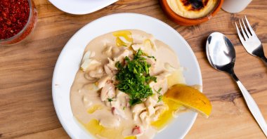 Antalya-style piyaz (bean salad) with tahini and orange slices is served on a white porcelain plate. (Shutterstock)