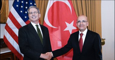 Treasury and Finance Minister Mehmet Şimşek meets with U.S. Treasury Secretary Scott Bessent, Washington, U.S., April 24, 2025. (DHA Photo)