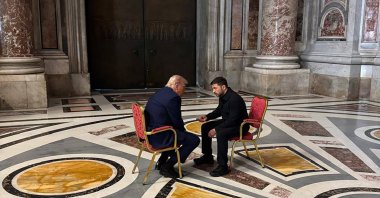 In this handout photograph taken and posted on the official Telegram channel of Ukraine's Head of the Office of the President Andriy Yermak, Ukraine's President Volodymyr Zelenskyy (R) meets with U.S. President Donald Trump (L) on the sidelines of Pope Francis's funeral at St. Peter's Basilica at the Vatican, April 26, 2025. (AFP Photo)