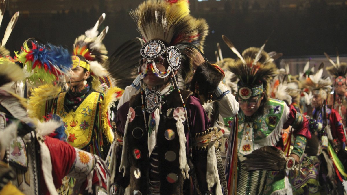 Dancers dressed in elaborate regalia participate in the grand entry procession during the annual Gathering of Nations powwow in Albuquerque, New Mexico, U.S., April 25, 2025. (AP Photo)