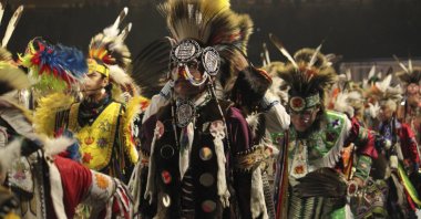 Dancers dressed in elaborate regalia participate in the grand entry procession during the annual Gathering of Nations powwow in Albuquerque, New Mexico, U.S., April 25, 2025. (AP Photo)