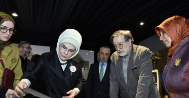 First lady Emine Erdoğan checks restored manuscripts at the "Hidden Ones" exhibition, Kahramanmaraş, Türkiye, April 26, 2025. (AA Photo)
