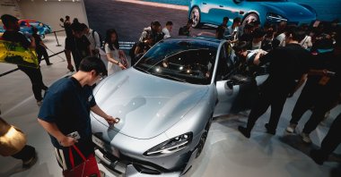A Xiaomi model SU7 Ultra car is on display at the booth of Chinese technology company Xiaomi during the first public day of the Shanghai Auto show, Shanghai, China, April 25, 2025. (EPA Photo)