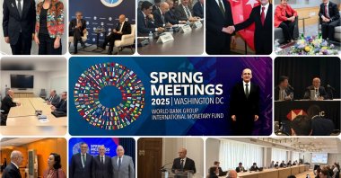 The combination of photos shows Treasury and Finance Minister Mehmet Şimşek during recent trip to Washington to attend spring meetings of International Monetary Fund and the World Bank. (DHA Photo)