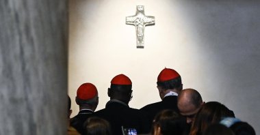 Cardinals participate in the prayer of Vespers and pay homage to the tomb of Pope Francis in the Papal Basilica of Saint Mary Major, in Rome, Italy, April 27, 2025. (EPA Photo)