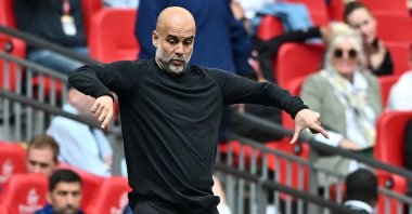 Manchester City's manager Pep Guardiola gestures during the FA Cup semifinals match against Nottingham Forest, London, U.K., April 27, 2025. (EPA Photo)