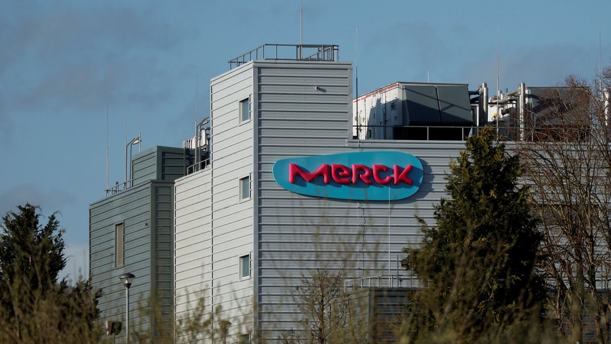 The logo of Merck pharmaceutical company is seen on their plant, in Carrigtwohill, County Cork, Ireland, March 28, 2025. (Reuters Photo) 