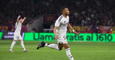 Real Madrid&#039;s Kylian Mbappe celebrates scoring an equalizing goal during their Copa del Rey final match against Barcelona at La Cartuja stadium, Seville, Spain, April 26, 2025. (AFP Photo)
