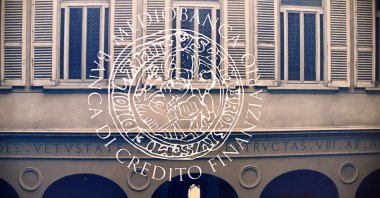 A logo of Mediobanca is pictured at Mediobanca headquarters in Milan, Italy, Nov. 12, 2019. (Reuters Photo)