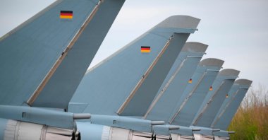 Luftwaffe (German Air Force) Eurofighters EF-2000 Typhoon aircraft line the tarmac during a NATO air force exercise dubbed &quot;Ramstein Flag&quot; at Leeuwarden Air Base, Germany, April 9, 2025. (AFP Photo)
