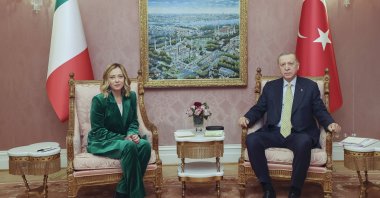 President Recep Tayyip Erdoğan hosts Italian Prime Minister Giorgia Meloni (L), Istanbul, Türkiye, Jan. 20, 2024. (AP Photo)