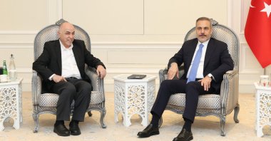 Turkish Foreign Minister Hakan Fidan (R) meets with Muhammad Ismail Darwish, head of the Hamas Shura Council, Doha, Qatar, April 27, 2025. (AA Photo)