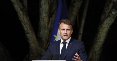 French President Emmanuel Macron speaks during a meeting with the French community at the French Ambassador&#039;s residence in Antananarivo, April 23, 2025. (AFP File Photo)