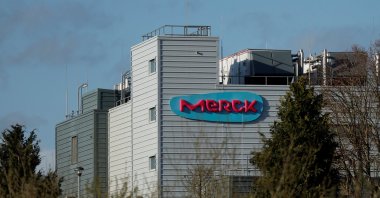 The logo of Merck pharmaceutical company is seen on their plant, in Carrigtwohill, County Cork, Ireland, March 28, 2025. (Reuters Photo) 