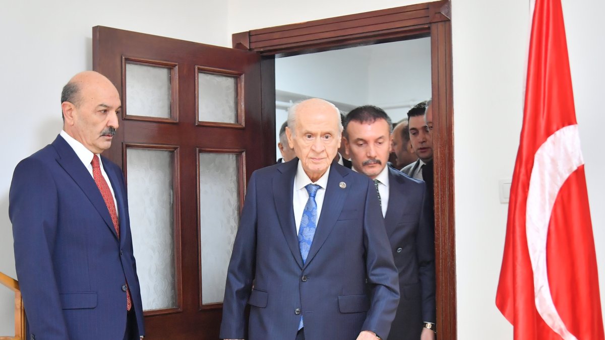 Nationalist Movement Party (MHP) leader Devlet Bahçeli (R) arrives for an event in the capital Ankara, Türkiye, April 4, 2025. (AA Photo)