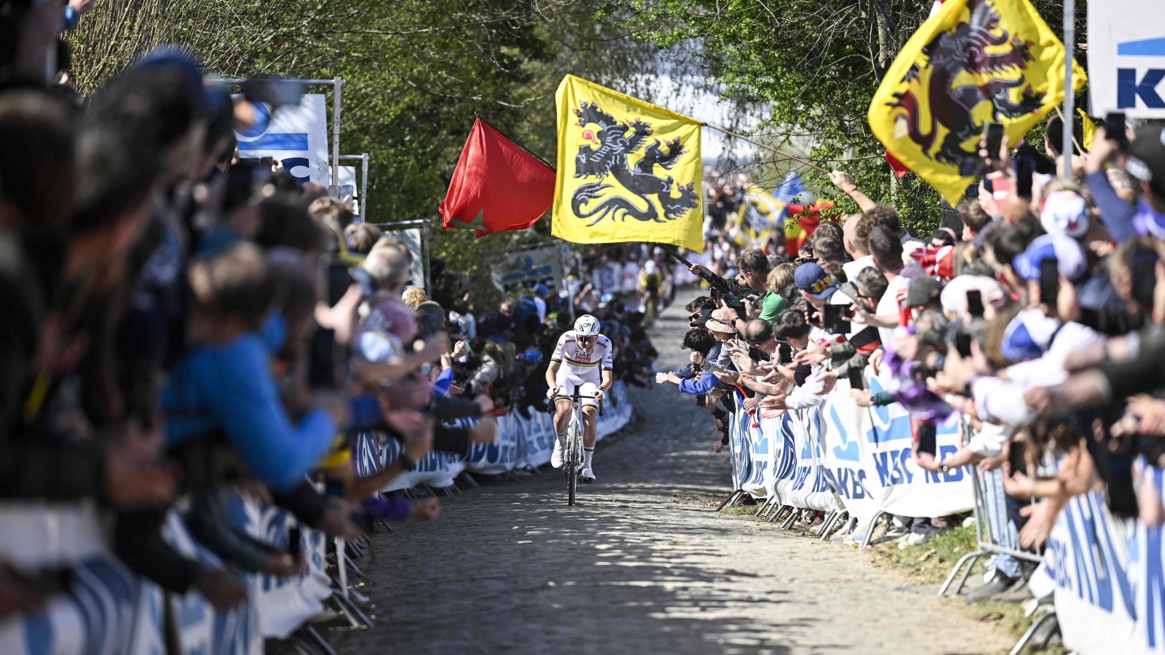 Slovenian rider Tadej Pogacar competes in the Tour of Flanders men&#039;s one-day cycling race, a 268.9 kilometer (167-mile) course from Brugge to Oudenaarde, April 6, 2025. (AFP Photo)