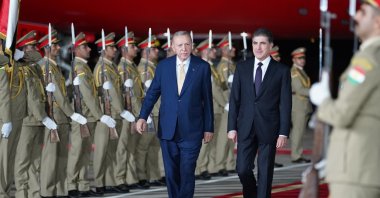 President of the Kurdistan region in Iraq, Nechirvan Barzani (R), receives President Recep Tayyip Erdoğan during a welcoming ceremony at Irbil International Airport (EIA), Irbil, Iraq, April 22, 2024. (Getty Images Photo)